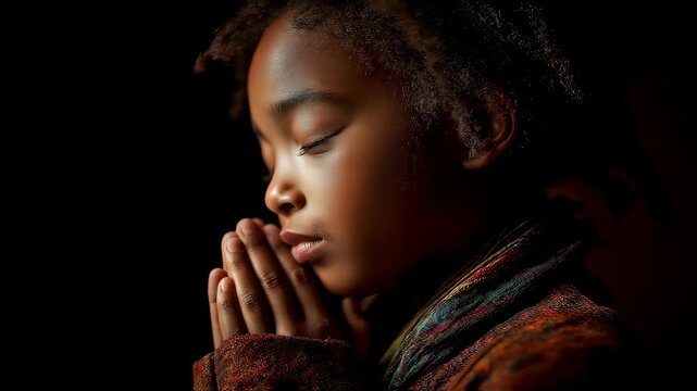 Young African American girl with hands folded in prayer eyes closed peacefully 4K Seamless loop animation