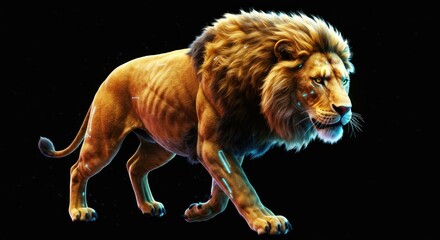 Majestic lion illustrated with glowing lines, a symbol of strength and courage on a dark background