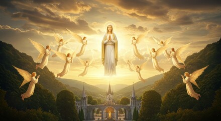 Majestic portrayal of a heavenly figure amidst luminous angels over a gothic basilica