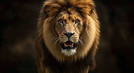 Majestic lion portrait showcasing its intense gaze and impressive mane dark background