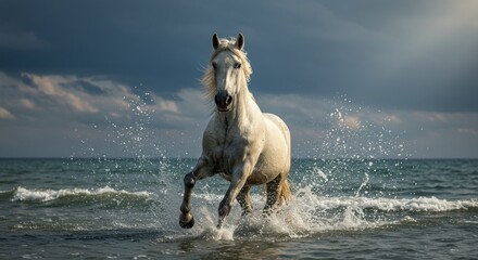Majestic white horse gallops through the sea, showcasing its power and freedom against a moody sky