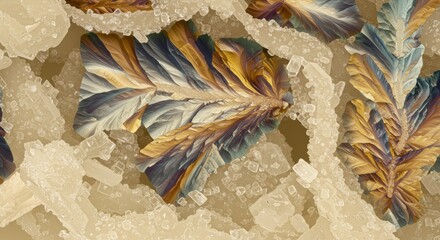 Microscopic crystals displaying complex structures and vibrant iridescent colors creating a