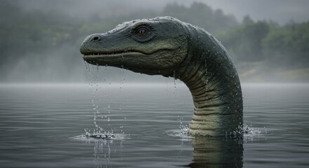 Mysterious creature emerges from the murky depths in ethereal setting of a lake