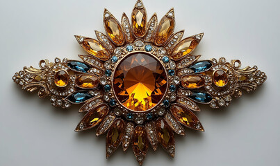 Elaborate golden brooch featuring amber, turquoise gems in a radial burst on a clean, pale background