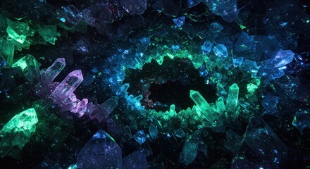 Mystical cavern adorned with luminous crystalline formations of varying hues and sizes