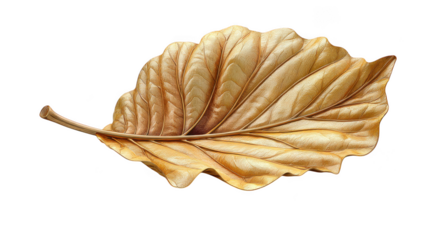 A single golden leaf with detailed veins is isolated on transparent background, showcasing its metallic sheen and luxurious texture