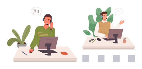 Two male customer service agents working at desks with computers, wearing headsets, exchanging messages. Ideal for communication, remote work, teamwork, customer service, support lines, call centers