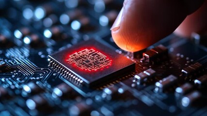 Close up of a fingertip touching a lit up circuit board showing a digital fingerprint concept. The red glow emphasizes a data protection and security theme in a technological environment - Powered by Adobe
