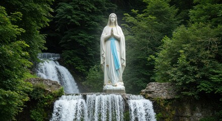 Statue of serenity, amidst cascading waters, in a peaceful forest setting nature