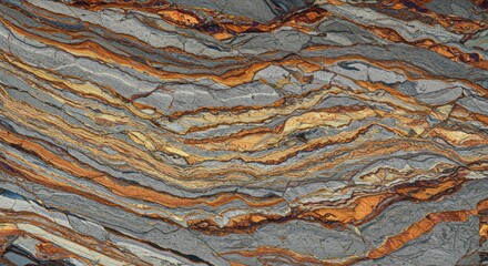 Striated metamorphic rock displaying intense banding and vibrant coloration pattern