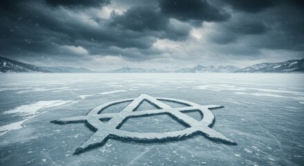 Symbol of Rebellion on a Frozen Landscape Amidst a Stormy Winter Sky  Nature's Cold Embrace