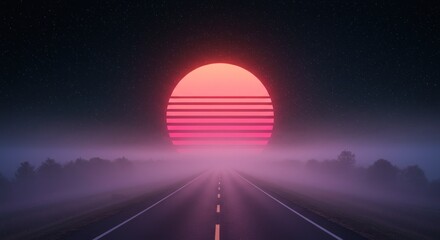 Synthwave dreamscape featuring an endless highway, misty woods, and a blazing neon sun