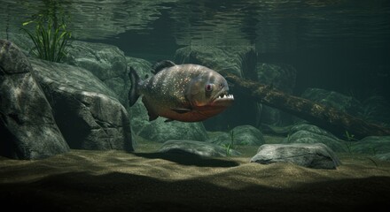 An underwater scene featuring a piranha surrounded by rocks and plant life evoking a sense of danger