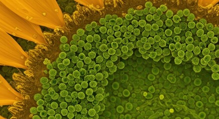 An intriguing close up of a sunflower's center, displaying vibrant green florets and golden