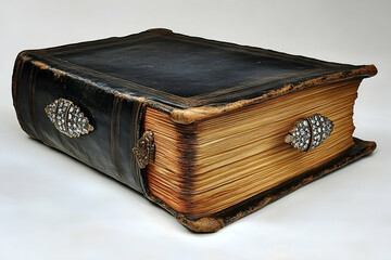 Antique book with ornate clasps, aged paper, and weathered leather cover, resting on a neutral surface