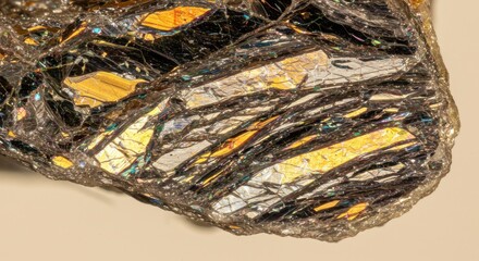 An intriguing close-up of complex shimmering formations of naturally occurring mineral