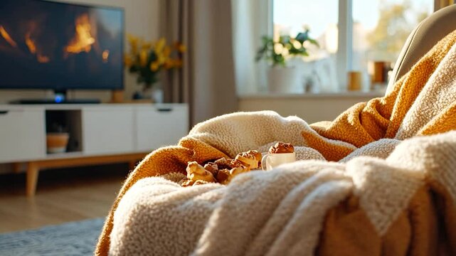 Cozy interior scene showing a warm blanket on an armchair with treats sunlight from window fireplace in the background