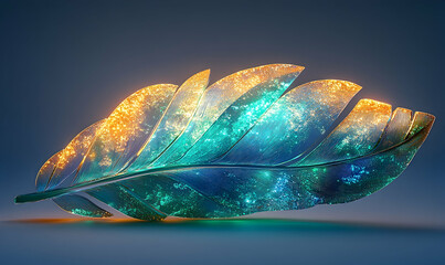 Luminous, iridescent feather floating gently against a blurred, blue-toned background