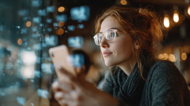 An artistic perspective of a woman using her smartphone in a cafÃƒÂ© with social media notifications illuminating the screen capturing the essence of connectivity and community in a relaxed
