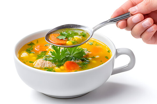 Warm bowl of homemade chicken soup featuring vibrant carrots and parsley served with a spoon, a comforting meal. Ai Generated Images