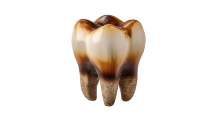 A severely decayed molar tooth with brown stains isolated on transparent background, showcasing the effects of dental caries
