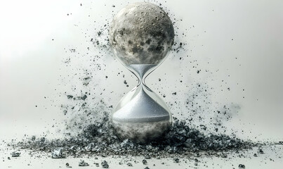 Hourglass with lunar top and base surrounded by dispersing ash-like particles