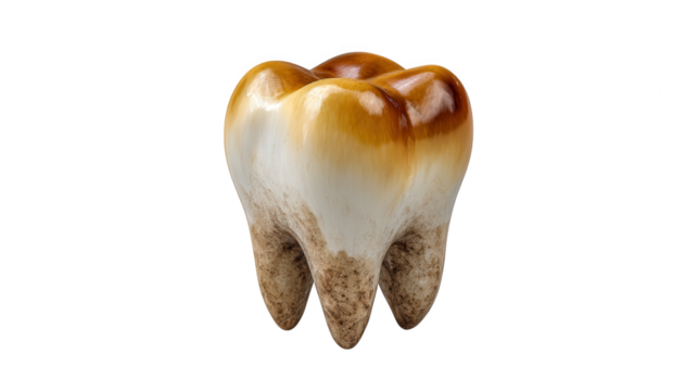 A single decayed tooth isolated on transparent background, showcasing severe enamel damage and dental caries
