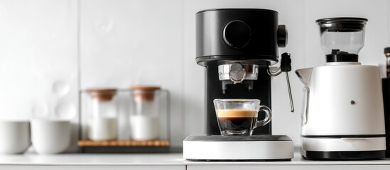 Modern coffee machine and accessories on a kitchen counter