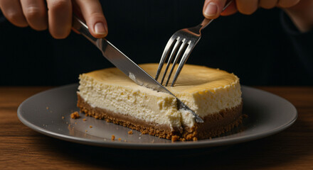 Close-up of a person’s hands cutting into a slice of cheesecake