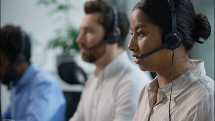 Close up smiling multiethnic team group operators diverse callcenter workers headset microphone...