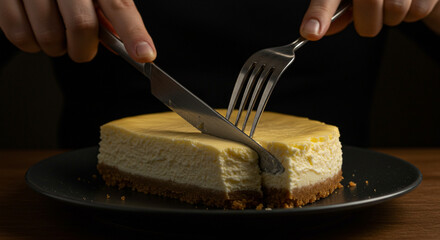 Close-up of a person’s hands cutting into a slice of cheesecake
