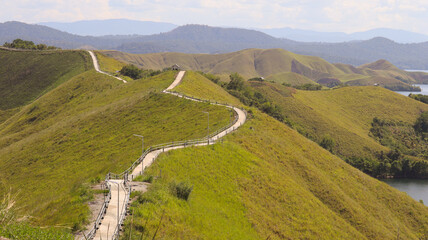 Fototapeta premium Winding Footpath Through Green Tropical Hills with Mountain and Lake Background. A winding pedestrian path meanders along lush green hills with mountain and lake views beyond.