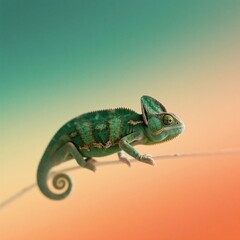 Obraz premium A vibrant chameleon gracefully perched on a thin branch, showcasing its stunning green and blue hues against a soft gradient background, capturing nature's beauty and adaptability .