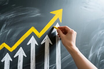 Hand drawing a yellow arrow pointing upwards on a chalkboard symbolizing growth progress and success in business and finance