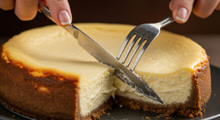 Close-up of a person’s hands cutting into a slice of cheesecake