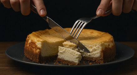 Close-up of a person’s hands cutting into a slice of cheesecake