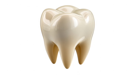 A detailed molar tooth model with a glossy surface is isolated on transparent background, showcasing dental anatomy and healthcare