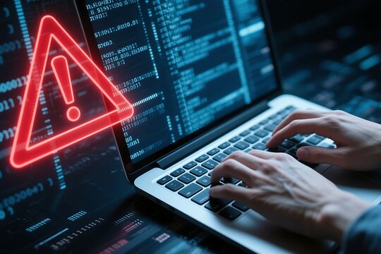 Cybersecurity alert with a glowing red exclamation mark in a triangle symbol displayed on a laptop screen showing lines of code and binary data with a person typing on the keyboard - Powered by Adobe