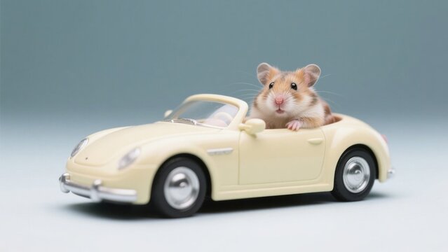 Adorable hamster driving a toy convertible car with a light blue background, capturing a charming scene of a rodent's playful adventure