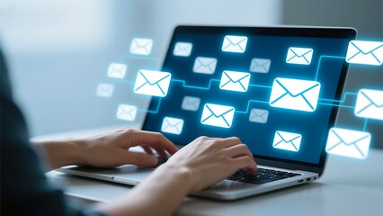 Fototapeta premium Person typing on a laptop with glowing email icons flowing from the screen representing digital communication and online messaging
