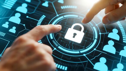 Close up of a person s fingers interacting with a futuristic digital interface displaying a glowing padlock icon and network of user profiles symbolizing data security and online privacy