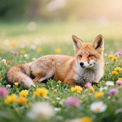 Fototapeta premium A serene red fox rests peacefully in a meadow filled with colorful wildflowers, its fur glowing in the soft light of the sun .