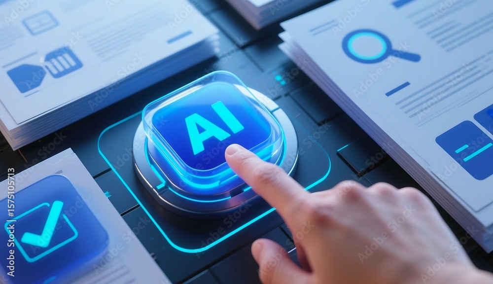 Aufkleber a finger presses a glowing blue ai button on a futuristic interface with digital documents and icons