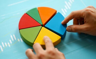 A hand is arranging colorful pie chart segments on a light blue background with a financial graph overlay symbolizing data analysis and business strategy
