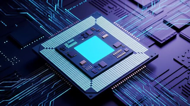 Close Up of Glowing Blue Microchip on Circuit Board with Intricate Network Connections in Dark Background For Adobe Stock Photo
