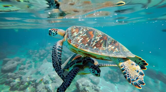 Underwater Ballet: Two graceful sea turtles glide in a vibrant aquatic world, their shells reflecting sunlight as they dance in the turquoise embrace of ocean