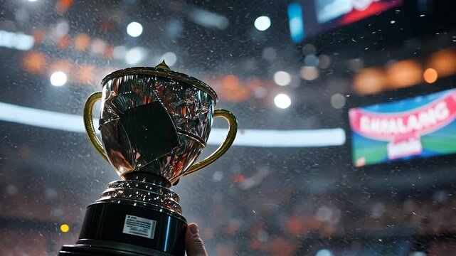 Close-up of a golden trophy cup held high with confetti against a blurred stadium background celebrating victory