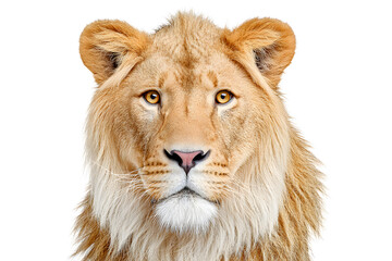 Fototapeta premium Captivating portrait of a lion against a stark white backdrop, showcasing its striking golden mane and intense gaze, perfect for wildlife themes. Ai Generated Images