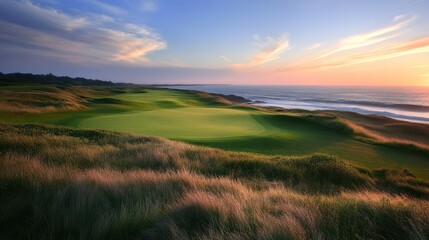Panoramic coastal golf course at twilight, showcasing natural beauty