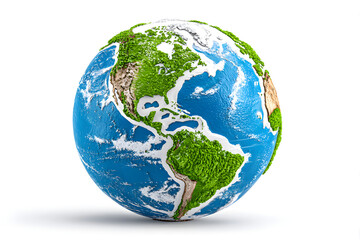 Obraz premium A vibrant world globe showcases green landmasses and blue oceans against a clean white background, symbolizing nature, earth, and environment. Ai Generated Images
